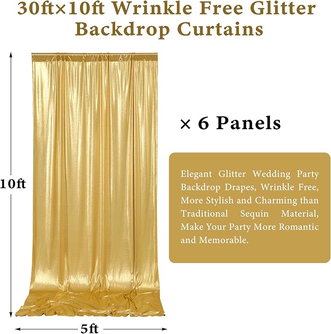 Outpain 30x10ft Gold Sequin Backdrop Curtains, Wrinkle Free Glitter Backdrop Drapes for Wedding Parties Photography Stage Decor, Non-Shedding 6 Panels Set (5x10ft Each)