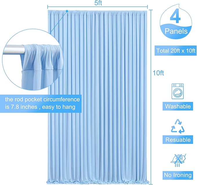 4 Panels Baby Blue Backdrop Curtain for Baby Shower Parties Wrinkle Free Light Blue Curtains Backdrop Drapes Fabric Decoration for Birthday Party Photography 20ft(W) x 10ft(H)