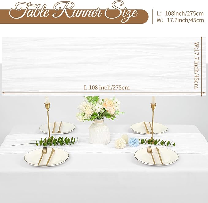 20 Pack Cheesecloth Table Runner 17 x 108 inch Long Boho Gauze Table Runners Semi Sheer Table Runner for Wedding Decor, Baby Shower, Birthday Party, Banquet (White)