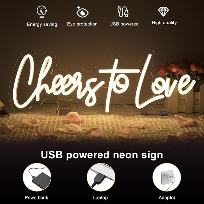 Lucunstar Cheers to Love Neon Sign Wedding Neon Sign Led Lights for Room Warm White Wall Decor Light Sign for Wedding USB Powered Sign Decor 16.5"X5.9"