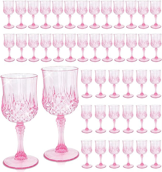 CHLJAR 48 PCS Plastic Pink Wine Glasses Goblets Pink Vintage Wine Glasses, Reusable Drinkware Vintage Champagne, Plastic Goblets for Parties for Wedding Reception Grand Event Party, 7oz