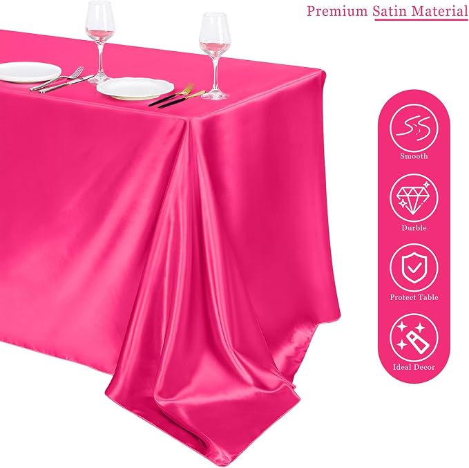 TURSTIN 4 Packs Hot Pink Satin Tablecloth 102 x 58 Inch Overlay Satin Table Cover Rectangle Bright Silk Tablecloth Smooth Fabric Table Decoration for Wedding Banquet Party Events