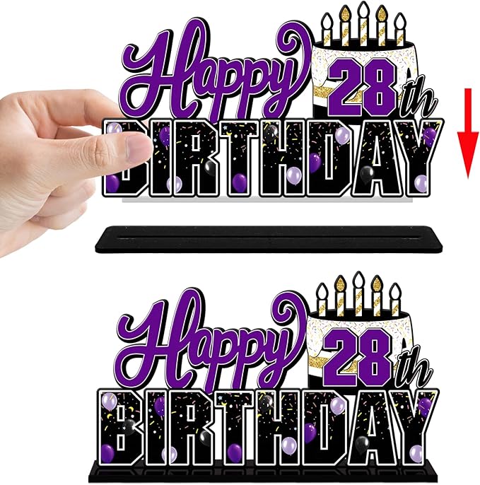 LINGTEER Happy 28th Birthday Purple Acrylic Table Topper Centerpieces Set - Cheers to 28 Years Old Birthday 28th Bday Party Gift Decorations.