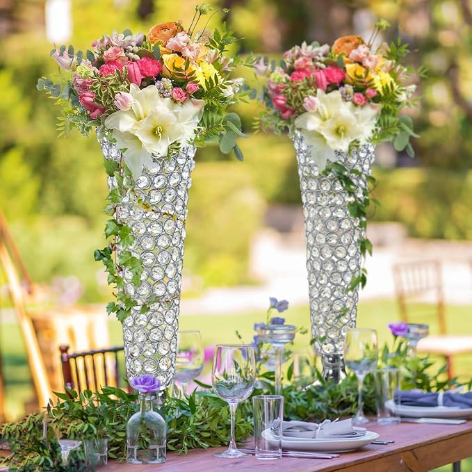 2-Pack 18.5" Tall Silver Vases, Elegant Crystal Trumpet Vase, Gorgeous Centerpiece Flower Stand | Artificial Flower Arrangement for Weddings, Anniversaries | Home & Party Decor Display