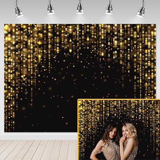 Mocsicka 7x5ft Black and Gold Backdrop Black and Gold Party Decorations Photography Background Gold Glitter Birthday New Year Party Decorations Background Photo Booth Props