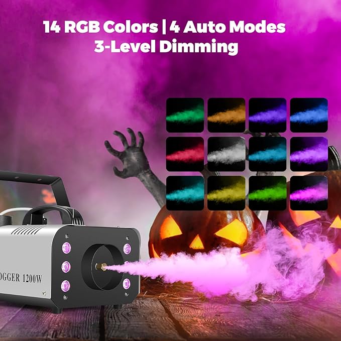 1200W Fog Machine, Halloween Smoke Machine with 14 Colors Lights & Wireless Remote Control, 6000CFM Haze Machine for Wedding, Party, Stage, Indoor, Outdoor.