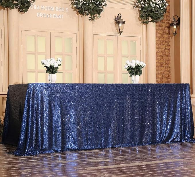 Juya Delight 60" x 102" Navy Blue Rectangle Sequin Tablecloth for Party Dinner Banquet Festival Wedding Anniversary Exhibition Dessert Table