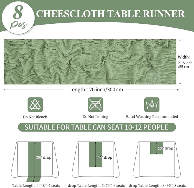 8 Pack 10Ft Cheesecloth Table Runner Sage Green, 20 x 120 Inch Rustic Gauze Boho Cheese Cloth Wedding Long Table Runner for Wedding Party Bridal Shower Decoration