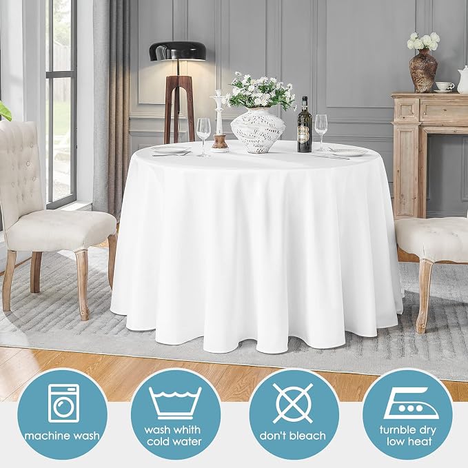 VidaFete 6 Pack 120inch Round Tablecloth Polyester Table Cloth, Stain Resistant and Wrinkle Polyester Dining Table Cover for Kitchen Dinning Party Wedding Rectangular Tabletop Buffet Decoration(White)
