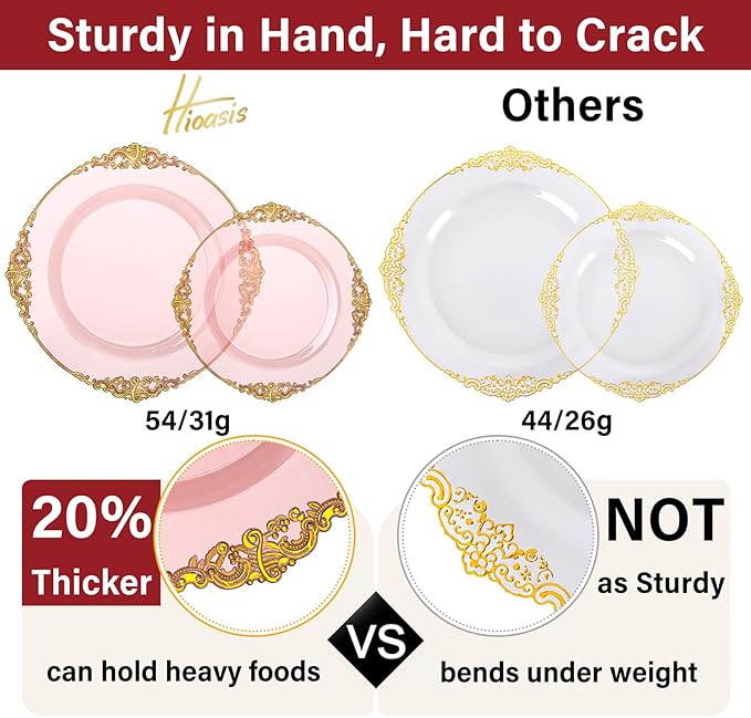 Hioasis 175pcs Pink and Gold Plates - Pink Party Plates for 25 Guest, Include 50 Heavy-duty Plates(20% Thicker Than Standard), 75 Cutlery Set, 25 Napkin, 25 Cups for Party & Easter
