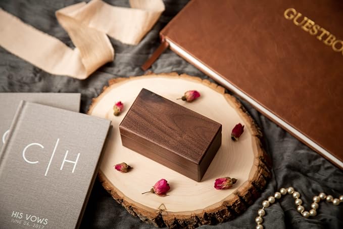 MUUJEE Quad Wooden Ring Box for Wedding Ceremony - Engraved Ring Holder Box for Engagement Proposal Anniversary and Valentines Day Gift for Him or Her (Blank Box)