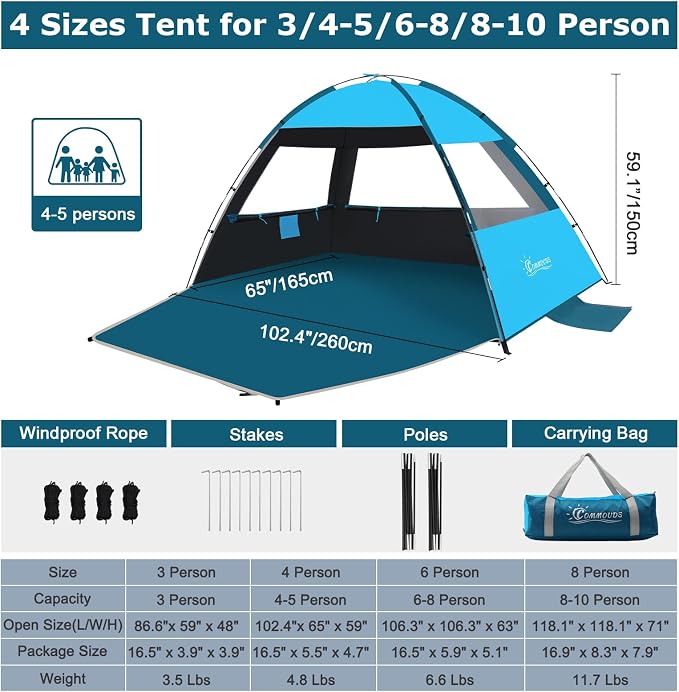 COMMOUDS Beach Tent Sun Shelter for 3/4/6/8 Person, UPF 50+ UV Protection Beach Shade Canopy Tent, Lightweight, Easy Set Up and Carry