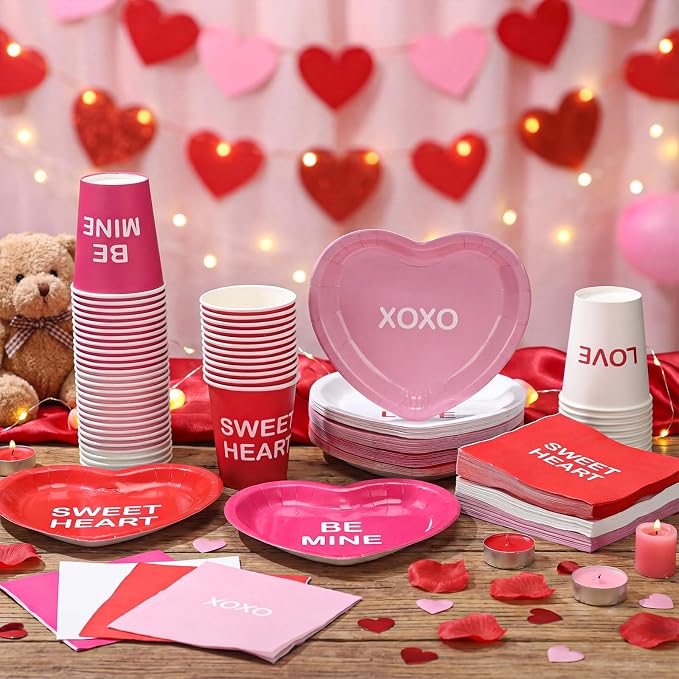Maxcheck 196 Pcs Conversation Heart Party Supplies Valentine's Day Party Tableware Decorations Heart Disposable Paper Plates Napkins Cups for Valentine Anniversary Birthday Wedding, Serves 48 (Bright)