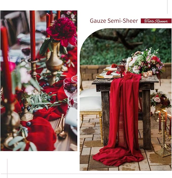 6 Pack Christmas Table Runner 10FT Red Cheesecloth Table Runner 35 x 120 Inch Long Semi-Sheer Gauze Fabric Boho or Rustic Wedding Table Decor for Bridal Shower Baby Shower Holiday Party