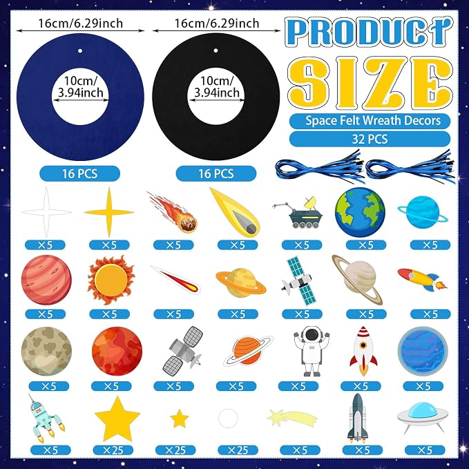 Sureio 32 Sets Space Craft Kits Solar System Project Kits DIY Wreath Craft Outer Space Arts Birthday Party Decoration with Planet Spaceship Rocket Astronaut Star Stickers for Party Favor Supplies