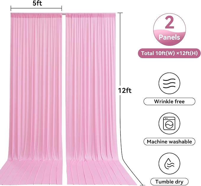 10ftx12ft Wrinkle Free Pink Backdrop Curtain for Parties, 2 Panels Silky Polyesyer Photo Backdrop Drapes 12 ft Long Back Drop Cloth for Wedding Girls Birthday Photography Background