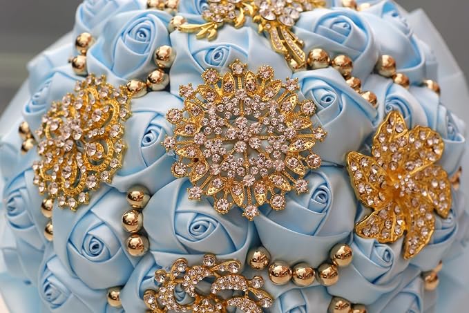 Light Blue Gold Brooch Wedding Bridal Bouquet for Bride Bridesmaid Quinceanera with Bling Rhinestone Pearl Satin Rose Flower Bouquet Wedding Light Blue 8.3in