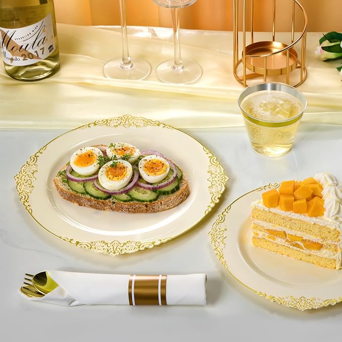Bestluck 175PCS Ivory Plastic Plates for 25 Guests Disposable Dinnerware Sets Include 50 Plastic Plates, 25 Silverwares, 25 Cups, and 25 Pre Rolled Napkins for Party, Wedding and Graduation