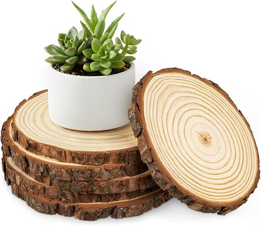Large Unfinished Natural Wood Slices - 6 Pcs Natural Round Discs Rustic Wood Slices 7.1-7.9 Inch Wooden Tree Bark Discs for DIY Crafts Centerpieces Table Base Decoration Wedding Ornaments Coasters