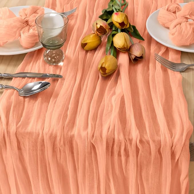 MLMC 3 Pack Peach Cheesecloth Table Runner 10ft Spring Rustic Gauze Cheese Cloth Table Runner 35x120 Inches for Wedding Bridal Baby Shower Party Decor