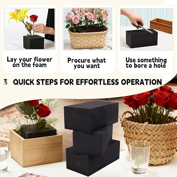 12 Pack Black Floral Foam Blocks, 6"x3"x2.5" Reusable & Water Absorbent Wet Foam for Artificial Silk Flowers, Wedding, Home Decor & Outdoor Planters