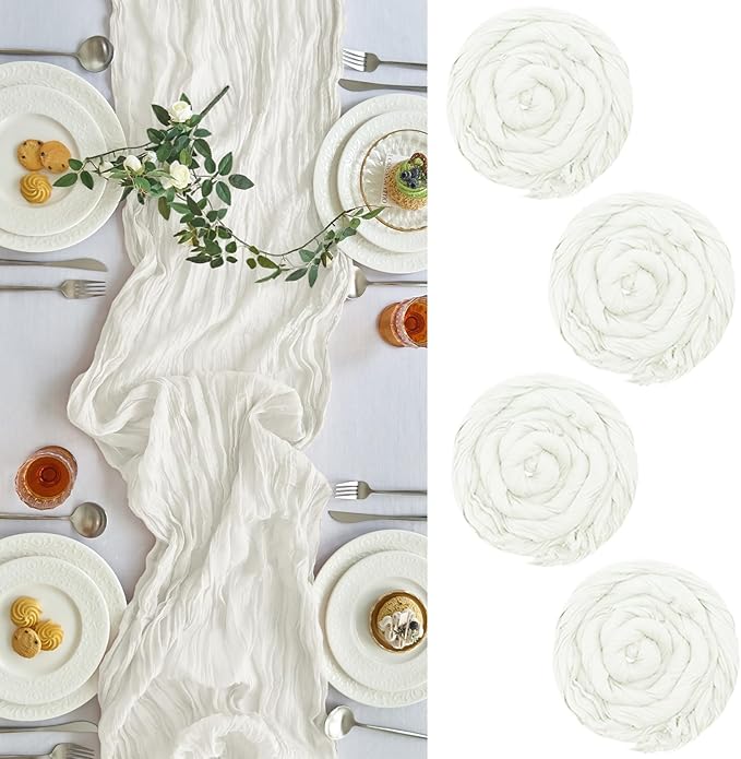 IVAPUPU 4 Pcs Cheesecloth Table Runner - 10ft Ivory White Spring Boho Gauze Cheese Cloth Table Runners for Baby Shower Decoration Wedding Party Garden Farmhouse