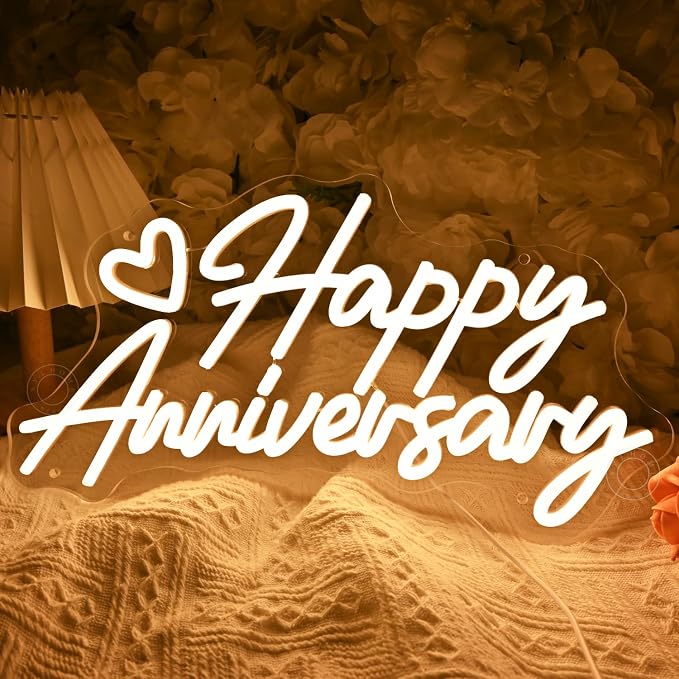 SYLHOME Happy Anniversary Led Neon Light Sign Family Business Celebrate Banner Wall Sign Decor Birthday Wedding Anniversary Valentine's Day Backdrop USB Warm White