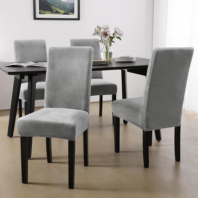 MOSAYT Velvet Stretch Chair Covers for Dining Room Set of 6 - Soft Slipcovers with Thick Removable Fabric for Parsons Chairs, Washable Seat Protectors for Kitchen, Banquet & Home Decor, Silver Grey