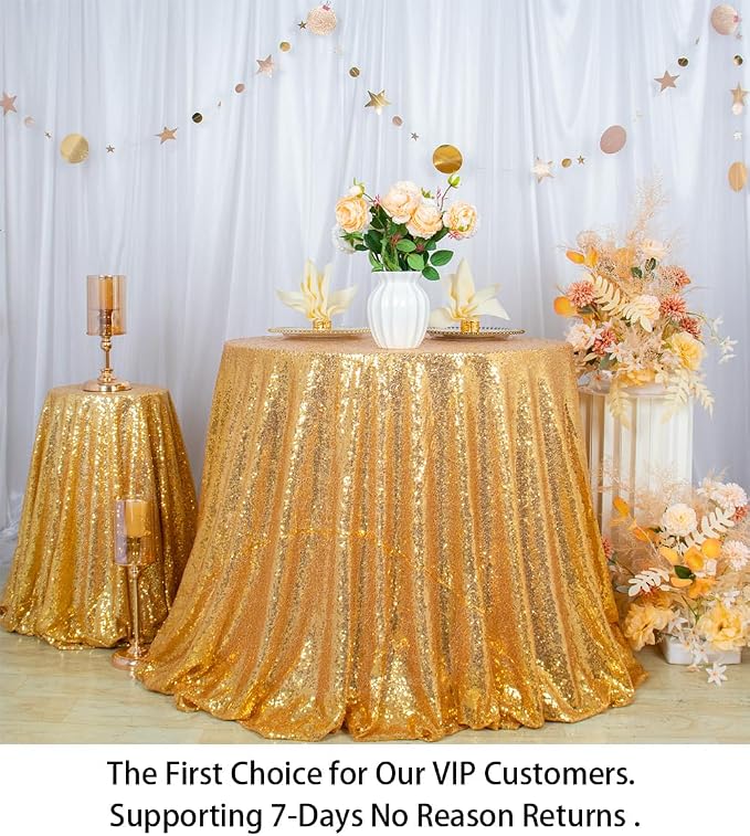 ShiDianYi Round Sequin Tablecloth 72'' Gold Glitter for Party - Sparkle Table Overlay, Shiny Cake Dessert Cover - Shimmer Table Cover for Wedding Reception