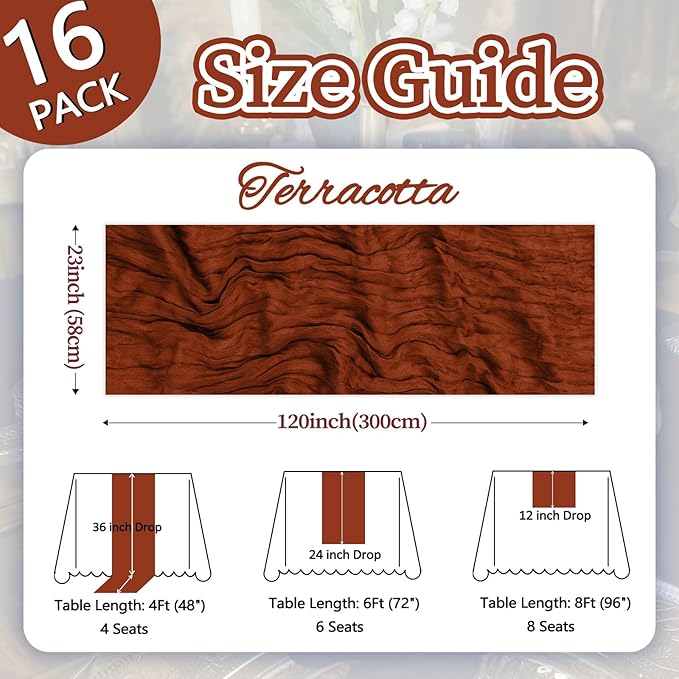 16 Pack Table Runner Terracotta Cheesecloth 10ft Boho Gauze Fabric 120 Inch Burnt Orange Cheese Cloth Table Runner Rustic Sheer for Holiday Baby Shower Party Décor Home Wedding Decoration