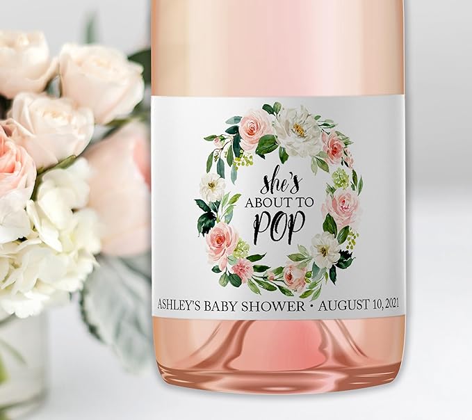 It’s a Girl Mini Champagne Bottle Labels ● SET of 12 ● She’s Ready To POP Baby Shower Favor Label, About to POP Thank You Favors, Pink Baby Shower Gender Reveal Stickers Waterproof (Blossoms)