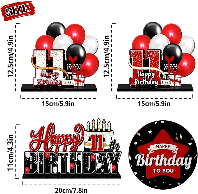 LINGTEER Happy 11th Birthday Red Acrylic Table Topper Centerpieces Set - Cheers to Eleven Years Old Birthday 11th Bday Party Gift Decorations.