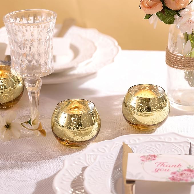 12 Pcs Gold Votive Candle Holders- Gold centerpieces for Tables, Mercury Glass Votives for Wedding, Rehearsal Dinner, Engagement, Birthday Party Decorations
