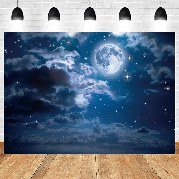 10x7ft Moon Backdrop Full Moon Night Starry Sky Photography Background Bright Stars Cloud Girl Boy Birthday Party Baby Shower Banner Decorations Kids Newborn Portrait Photo Booth Prop