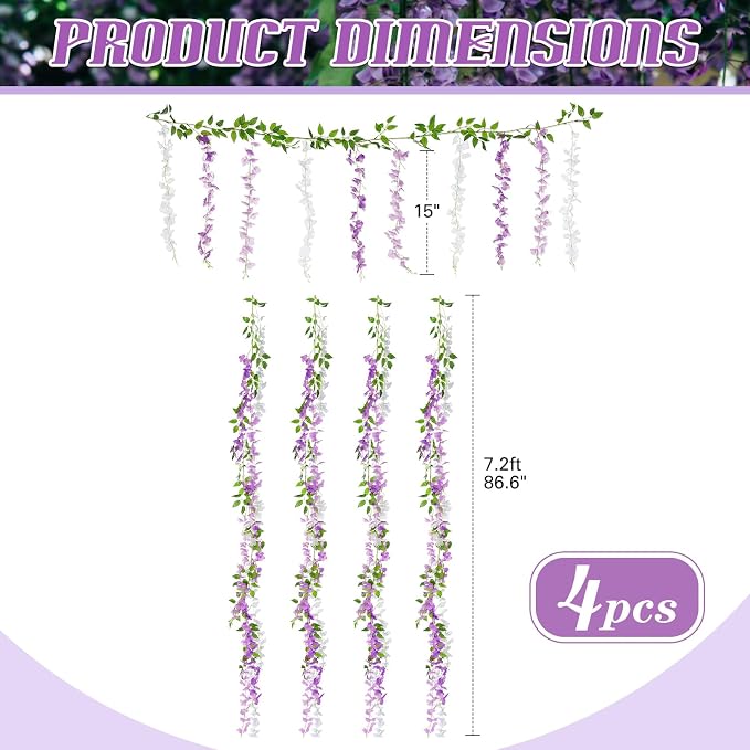Thiccywoov 4pcs Wisteria Artificial Flowers Garland, 7.2Ft/Piece Wisteria Hanging Flowers Garland for Wedding Arch Decoration Outdoor Ceremony Home Backdrop Garden (Light Purple,Dark Purple,White)