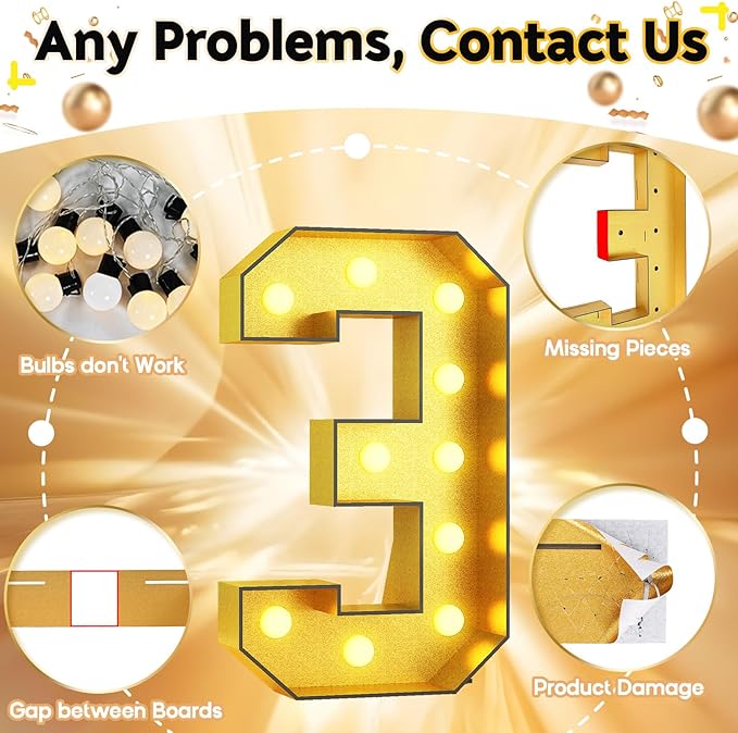 4FT Large Light Up Numbers 3, Gold Number 3 Marquee Frame Marquee Mosaic Numbers for 3rd Birthday, Giant Marquee Number 4 Feet Tall DIY Frame Pre-Cut Foam Board Kit for Graduation Anniversary Party