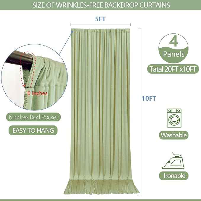 ESGOTBME 20x10ft Wrinkle Free Sage Green Backdrop Curtain for Parties Soft Fabric Drapes Wedding Curtain Backdrop for Birthday Party Decorations Background for Photography 5x10ft, 4 Panels