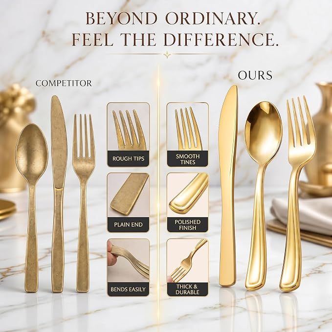 WDF 160 Piece Gold Plastic Silverware - Heavy Duty Gold Silverware Includes 80 Forks, 40 Spoons, 40 Knives, Plastic Utensils Perfect for Wedding, Christmas Party