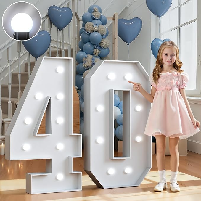 Marquee Numbers 3 Feet Tall Big Light Up Numbers 40th Birthday Decorations Women Men White Anniversary Party Decor Large Cardboard Prop Backdrop Sign 40