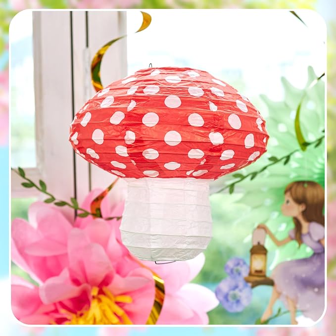 17PCS Fairy Birthday Party Decorations Set Fairy Themed Red Green Purple Pink Paper Mushroom Lantern Decor for Girls Birthday Decor Spring Tea Party Baby Shower
