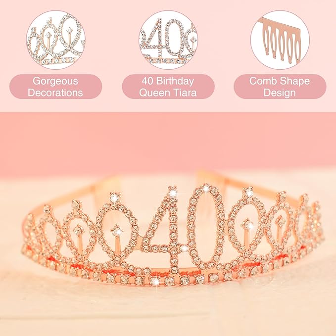 40TH Birthday Gifts for Women Her,40th Birthday Sash,Crown,Rhinestone Tiara,Vintage Engraved Wine Glass,40 Year Old Birthday Decorations For Her,Women,Mom,Wife,Friends,Sister-Turning 40 Present