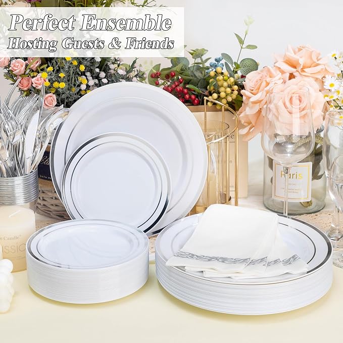 BESTSTAR 100 Piece Silver Rim Plastic Plates - 50 Dinner Plates 10.25" & 50 Dessert Plates 7.5" - Premium White Disposable Plates, Heavy Duty & Elegant for Wedding, Party, and Formal Events
