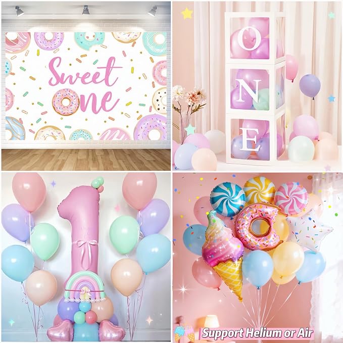 Daidle 1st Birthday Decorations for Girl, 128pcs Sweet One Birthday Party Decorations, Balloon Boxes, Party Backdrop, Photo Banner, Donuts Ice Cream Candy Balloons Garland
