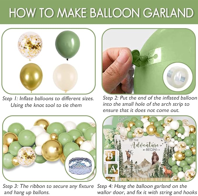 140PCS Let The Adventure Begin Baby Shower Decorations, Woodland Mountain Baby Shower Supplies, Sage Green Balloon Garland Kit, BABY Boxes, Backdrop Banner