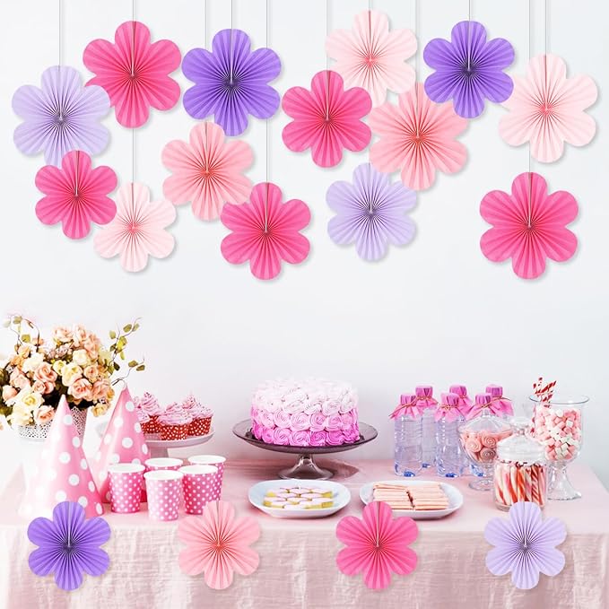 DODOKIM Paper Fans Party Decorations Paper Flowers Decorations for Wall Floral Backdrop Classroom Baby Shower Birthday Party Flower Wall Decor Pack of 18 Pink Purple