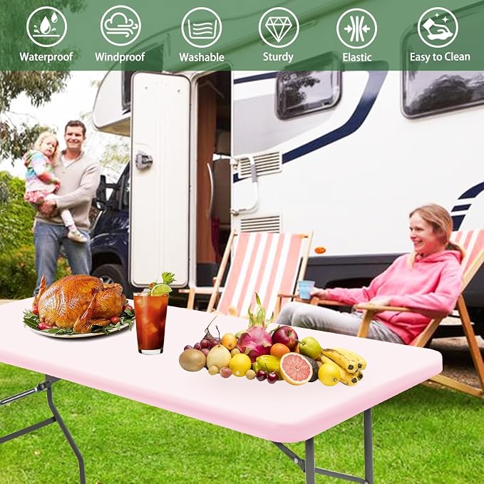 6 Pack Picnic Table Cover Fitted Elastic Tablecloth for 6 Foot Rectangle Tables Waterproof Stretch Washable Folding Indoor and Outdoor Spandex Table Cloth for Parties Camping (Pink,30" x 72")