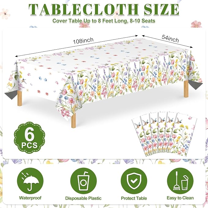 NatNarr 6 Pack Wildflower Plastic Tablecloths, 54 X 108Inch Spring Tablecloth Disposable Tea Party Table Cloth, Butterfly Wildflower Porcelain Tables Decor for Tea Party Birthday Garden Wedding Party