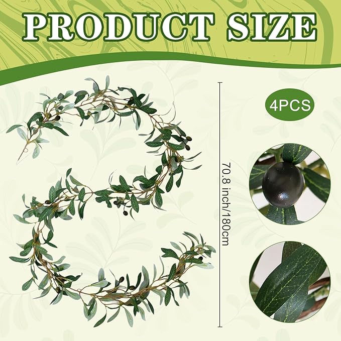 4 Pack Artificial Olive Garland 6.2 Long Faux Silk Leaf Olive Leaves Vines Greenery Garland with Fruit Spring Summer All Season for Wedding Arch Indoor Outdoor Wall Decoration