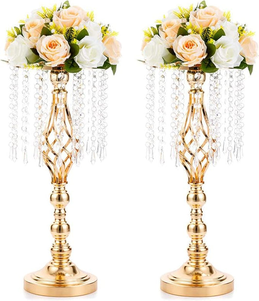 2 Pcs 19.3 inches Gold Centerpieces Table Tall Crystal Flowers Stand Wedding Road Lead Flower Holders Crystal Chandelier Metal for Reception Tables Supplies