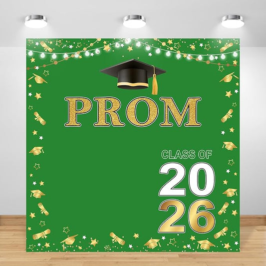 Prom 2026 Backdrop 6x6ft Green Gold Graduation Prom Photography Background Gold Green Class of 2026 Graduations Congrats Grad Party Send Off Banner Photo Studio Props (6x6ft)
